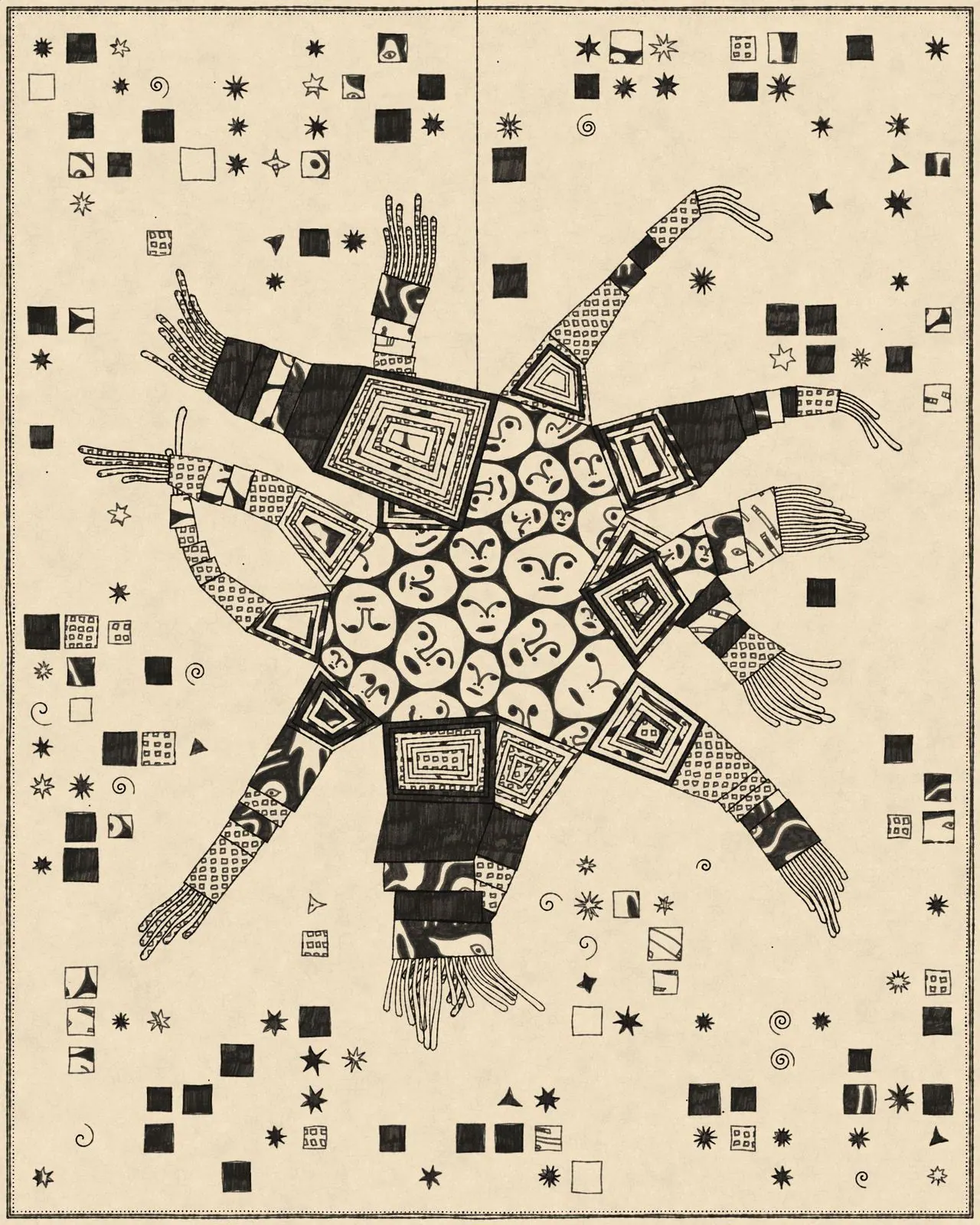 Patterned limbs radiate from clustered faces amid stars and squares